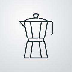 Icono plano lineal cafetera de metal en fondo gris