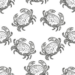 Vector hand drawn seamless pattern of crabs in the engraving style on white background.