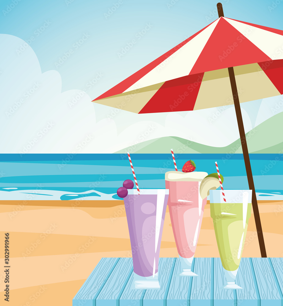 Poster fruits juices glasses at the beach, colorful design