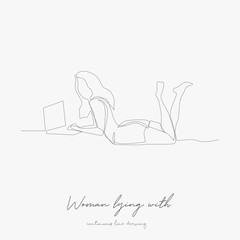 continuous line drawing. woman lying with laptop. simple vector illustration. woman lying with laptop concept hand drawing sketch line.