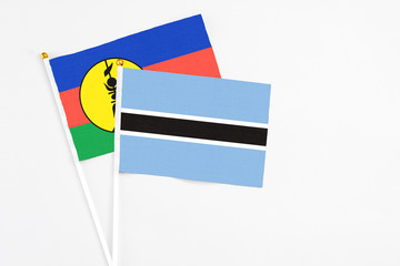 Botswana and New Caledonia stick flags on white background. High quality fabric, miniature national flag. Peaceful global concept.White floor for copy space.