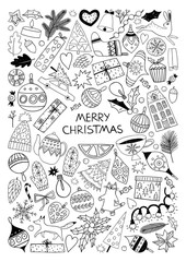 Winter time hand-drawing graphic illustrations on isolate white background. Christmas illustrations and doodle hygge elements. Christmas coloring book