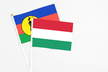Hungary and New Caledonia stick flags on white background. High quality fabric, miniature national flag. Peaceful global concept.White floor for copy space.