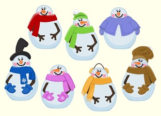 Collection of cute snowmen. New Year Christmas. Decoration. Vector illustration.