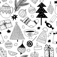 Christmas icons seamless pattern, christmas balls seamless pattern, christmas doodle seamless pattern. Happy Winter Holiday tile background. Doodle outline ornamental design elements. Isolated on