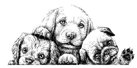 Puppies. Cavalier King Charles Spaniel, Labrador and Pug sketch wall sticker on a white background. - 302993318