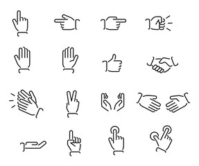 Hands icons set vector illustration, symbol, clip art, cartoon in outline, lines, black and white.