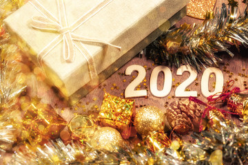Decorations of happy new year 2020 festival with copy space for your text beside.