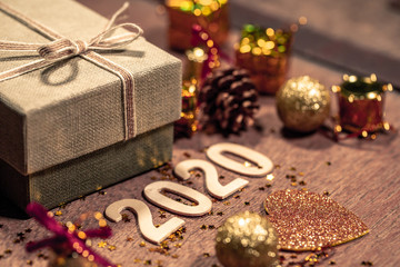 Decorations of happy new year 2020 festival with copy space for your text beside.