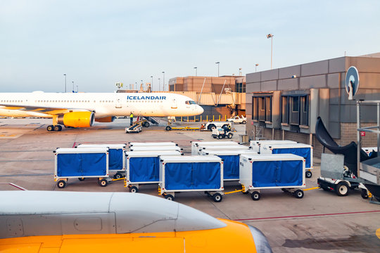 Dulles, USA - June 13, 2018: Dulles Internation Airport, IAD, with Icelandair airplanes during sunset with view of terminal in Virginia