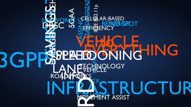 Vehicle to everything animated word tag. 3D rendering, blue variant, UHD.