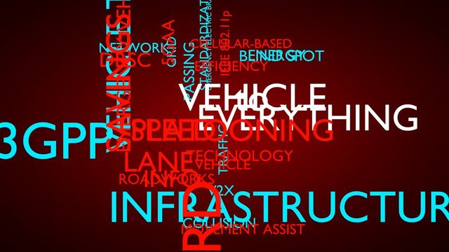 Vehicle to everything animated word tag. 3D rendering, red variant, UHD.