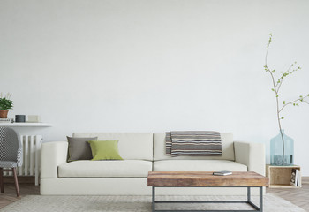 Mock Up Wall In Modern Interior Background, Living Room, Scandinavian Style, 3D render, 3D illustration
