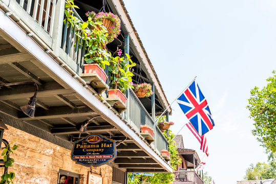 St. Augustine, USA - May 10, 2018: St George Street and nobody on sunny day by English flag pub store in downtown old town Florida city