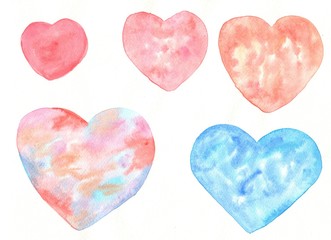Hearts with abstract texture and background with small flowing stains drawn by watercolor paints. Great basic of print, badge, party invitation, banner, tag.