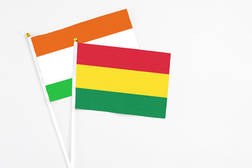 Bolivia and Niger stick flags on white background. High quality fabric, miniature national flag. Peaceful global concept.White floor for copy space.