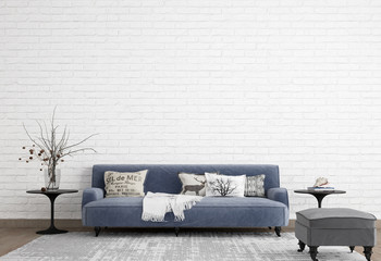 Mock Up Wall In Modern Interior Background, Living Room, Scandinavian Style, 3D render, 3D illustration