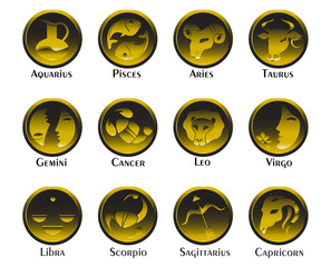 Set of twelve signs of the zodiac on the background of gold circles. Prediction of the future. Vector illustration. Isolated on white background