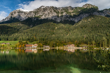 Fototapeta na wymiar Idyllic view of Hintersee and Alps in Ramsau, Bavaria, Germany
