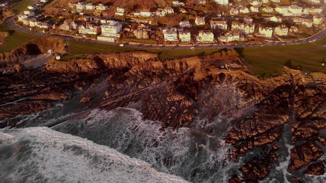 Woolacombe Coastal Village, Devon, Rocky Coast, Winter At Sunset, Aerial Landscape