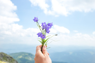 Bunch of flowers in hand against the bright  blue sky and mountains background