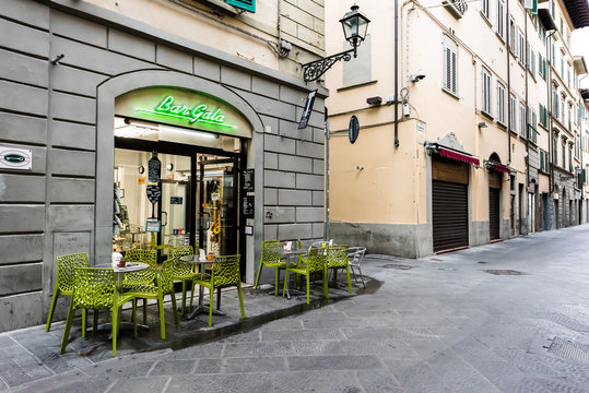 Firenze, Italy - August 31, 2018: Outside Exterior Florence Cafe Gala Restaurant Green Building In Tuscany On Empty Alley Street In Morning Wide Angle View