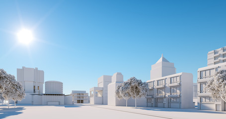 Miniature city model, regular street view. 3D render