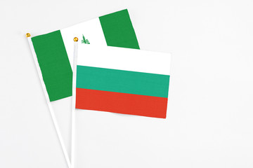 Bulgaria and Norfolk Island stick flags on white background. High quality fabric, miniature national flag. Peaceful global concept.White floor for copy space.