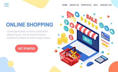 Online shopping, sale concept. Buy in retail shop by internet. 3d isometric computer, laptop with basket, money, credit card, customer review, feedback star, calculator. Vector design for web banner