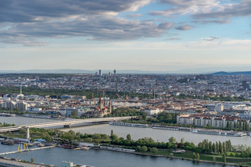 View of Kaiserjubilaumskirche, mexican church and vienna city skyline from Danoturm tower