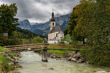 Fototapeta na wymiar Beautiful of the St. Sebastian Church in Ramsau am Berchtesgaden
