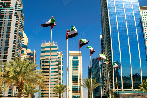 View of Dubai buildings with UAE flags. United Arab Emirates flags waving on blue sky background. Independence day. UAE flags on street. Flag day