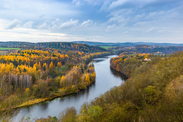 Autumn landscape - South Bohemian countryside. River Vltava in autumn time.