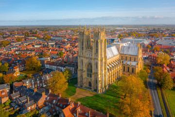 Overhead aerial top down view of Beverley Minster, the large gothic church in the centre of the...