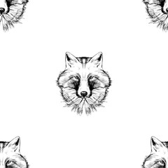 Fox sketch seamless pattern. Animal background black and white