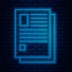 Glowing neon line File document icon isolated on brick wall background. Checklist icon. Business concept. Vector Illustration © Oksana