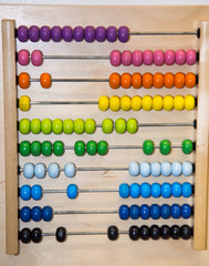Children's wooden abacus with knuckles yellow green lilac pink black. Toys, counting material, teaching children.