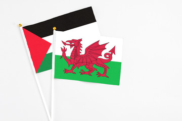 Wales and Palestine stick flags on white background. High quality fabric, miniature national flag. Peaceful global concept.White floor for copy space.