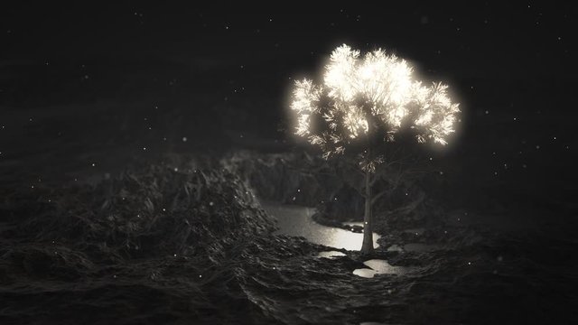 Glowing tree in a mountains. Art composition. 3d animation.