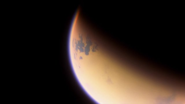 Titan moon of the large gas planet Saturn. Cinematic animation of Saturn moon 