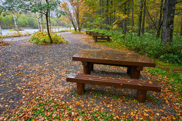 public desk and chair in kamikochi national park for autumn japan season