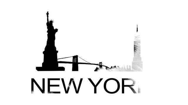 New York title reveal with silhouette skyline. Ink concept revealing famous landmarks