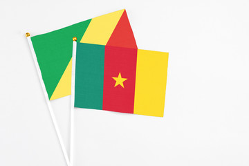 Cameroon and Republic Of The Congo stick flags on white background. High quality fabric, miniature national flag. Peaceful global concept.White floor for copy space.