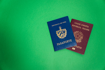 Official Cuban and Italian passport with green background