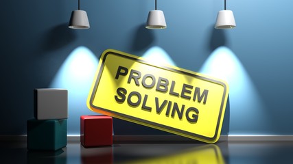 PROBLEM SOLVING yellow sign at blue illuminated wall - 3D rendering illustration