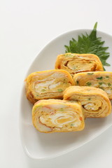  Japanese food, homemade oba egg roll on dish with copy space
