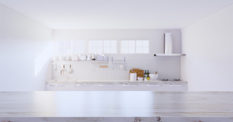 kitchen interior background with counter or table. Decoration with marble or natural stone at top surface look clean and modern. With empty or copy space for mock up or product display. 3d render.