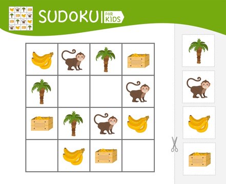 Sudoku game for children with pictures. Kids activity sheet.   Cartoon frog.