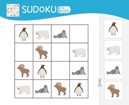 Sudoku game for children with pictures. Kids activity sheet.   Cartoon cute arctic animals.