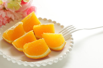 Fototapeta na wymiar Freshness cut fruit, orange on dish for healthy dessert